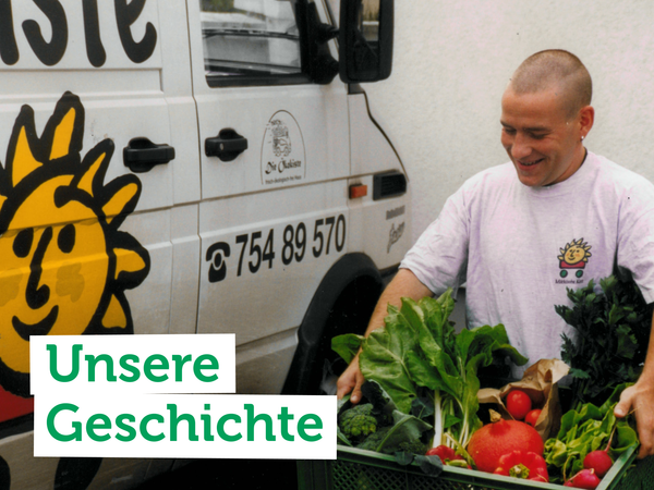 KI generiert: Ein Mann mit Obst und Gemüse vor einem Lieferwagen. Text: "Unsere Geschichte".