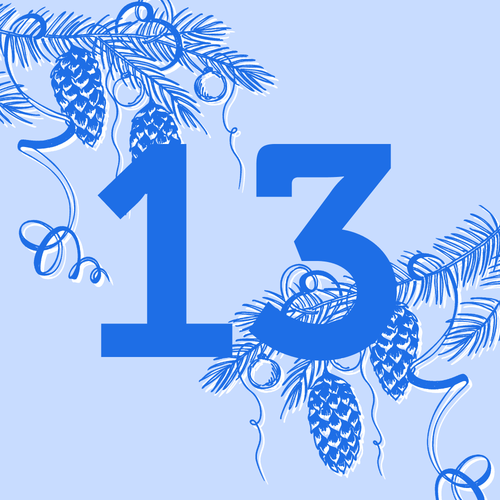 KI generiert: Große Zahl "13" auf blauem Hintergrund mit Tannenzapfen und Zweigen verziert.