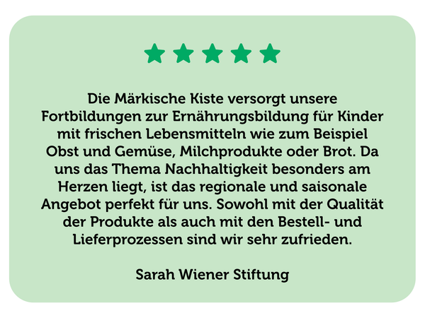 KI generiert: Rezension über Märkische Kiste, fünf Sterne: Zufriedenheit mit Qualität und Service regionaler Lebensmittel.
