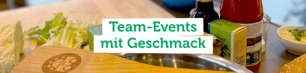 KI generiert: Küchenszene mit Zutaten und Brett. Text: "Team-Events mit Geschmack".