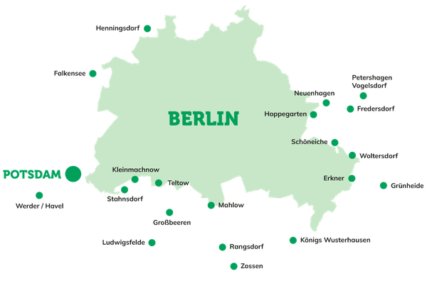 Eine Karte von Berlin mit umliegenden Städten welche zu unserem Liefergebiet gehören