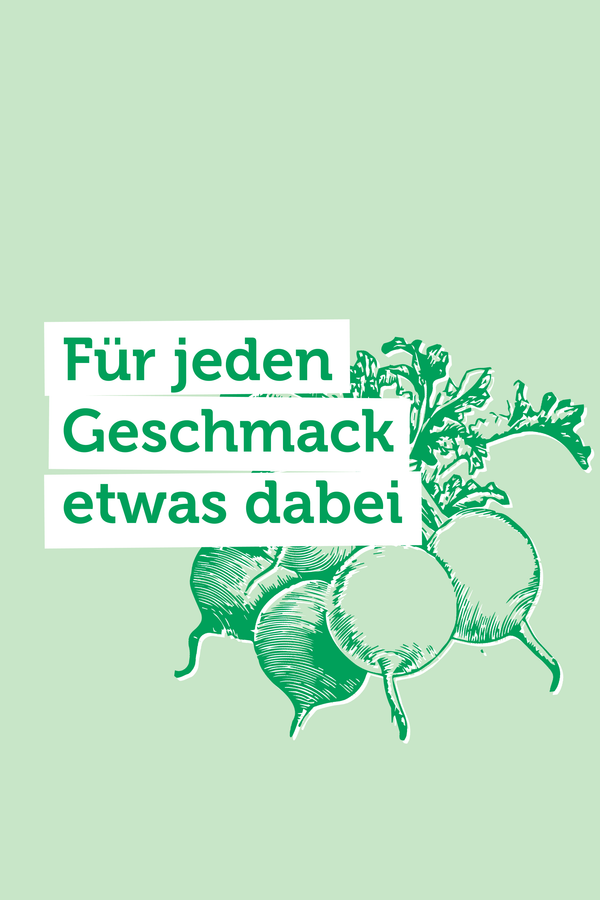 KI generiert: Zeichnung von Rüben, Text: "Für jeden Geschmack etwas dabei" auf grünem Hintergrund.
