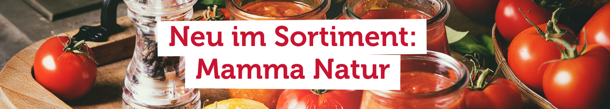 KI generiert: Frische Tomaten und Gewürze, Text: "Neu im Sortiment: Mamma Natur".
