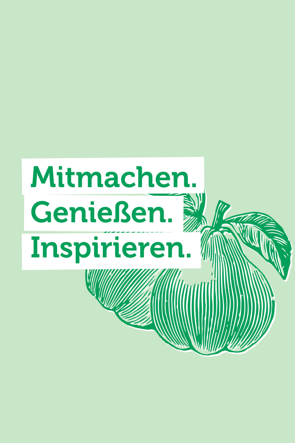 Illustration von Birnen mit dem Text: "Mitmachen. Genießen. Inspirieren."