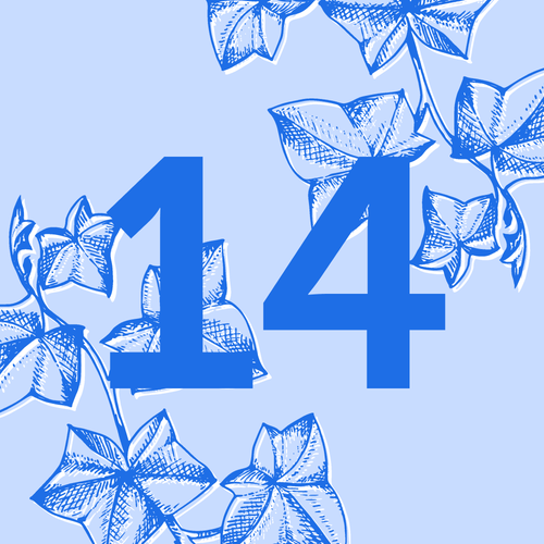 KI generiert: Zahl 14 mit gezeichneten Blättern auf blauem Hintergrund.
