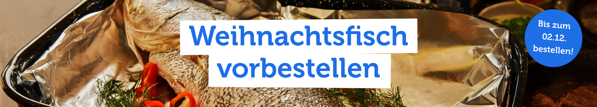 KI generiert: Ein gebackener Fisch in Aluminiumfolie, Text: "Weihnachtsfisch vorbestellen. Bis zum 02.12. bestellen!"