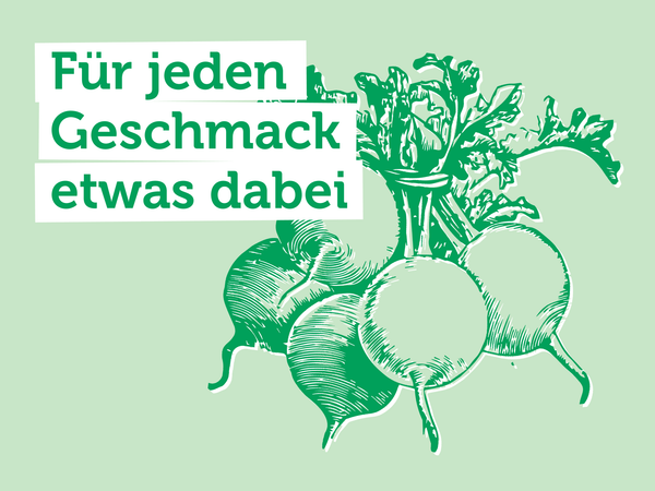 KI generiert: Illustration von Rüben mit dem Text: "Für jeden Geschmack etwas dabei".