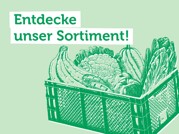 KI generiert: Eine gezeichnete Kiste mit Obst und Gemüse, Text: "Entdecke unser Sortiment!"