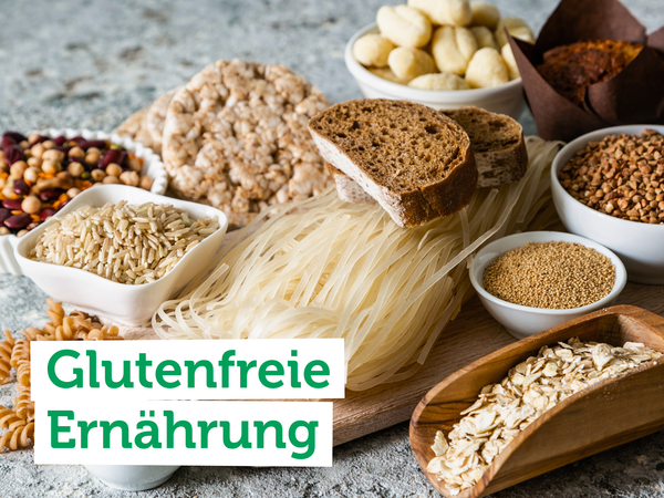 KI generiert: Eine Auswahl glutenfreier Lebensmittel. Text: "Glutenfreie Ernährung".