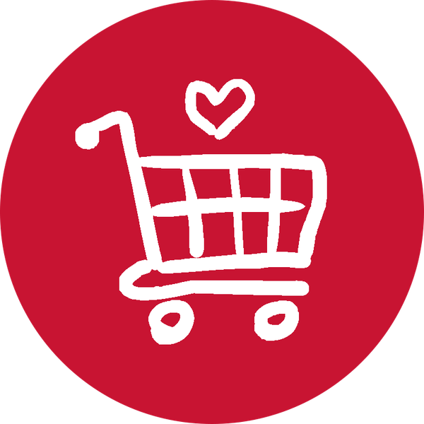 Ein rotes rundes Icon mit einer weißen, hangezeichneten Grafik eines Einkaufswagens mit Herz darüber.