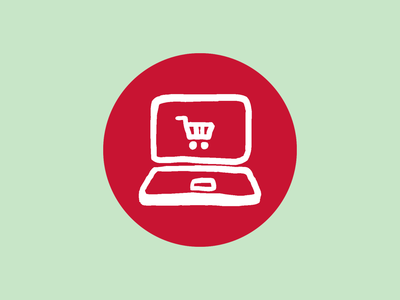 Roter Kreis mit Icon eines Laptops und einem Einkaufswagen-Symbol auf grünem Hintergrund.