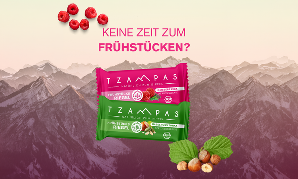 KI generiert: Frühstücksriegel vor Bergkulisse, Himbeeren und Haselnüsse. Text: "KEINE ZEIT ZUM FRÜHSTÜCK?"