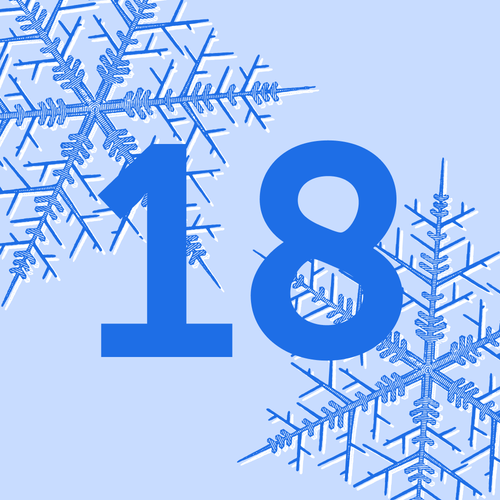 KI generiert: Die Zahl "18" vor blauen Schneeflocken.