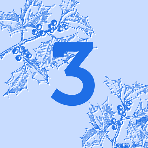 KI generiert: Blaue Zahl "3" auf hellem Hintergrund mit gezeichneten Stechpalmenzweigen.