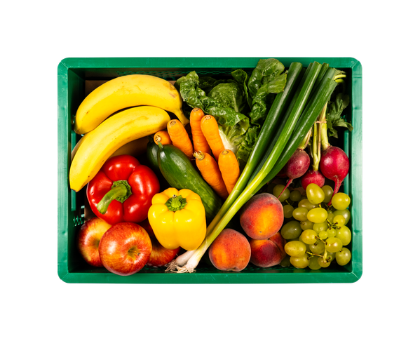 Grüne Kiste mit frischem Obst und Gemüse: Bananen, Paprika, Trauben, Karotten, Pfirsiche, Äpfel, Zucchini, Salat, Lauch.
