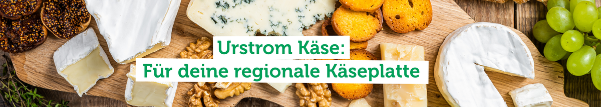 KI generiert: Käseplatte mit verschiedenen Käsesorten, Crackern, Trauben und Nüssen. Text: "Urstrom Käse: Für deine regionale Käseplatte".