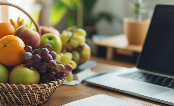 KI generiert: Ein Korb mit Obst, darunter Äpfel und Trauben, steht neben einem Laptop auf einem Tisch.