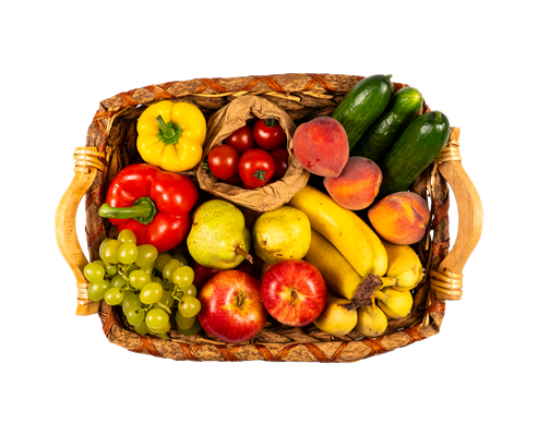 KI generiert: Ein Korb voller bunt gemischtem Obst und Gemüse.