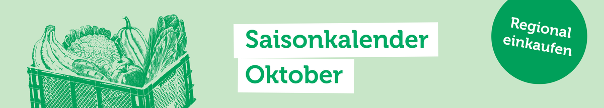 KI generiert: Grüne Kiste mit Gemüse, Text: "Saisonkalender Oktober", "Regional einkaufen".