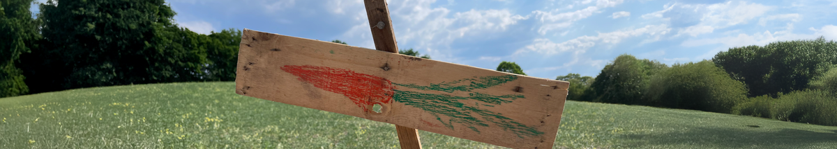 KI generiert: Holzschild mit Karottenzeichnung auf grüner Wiese vor bewölktem Himmel.