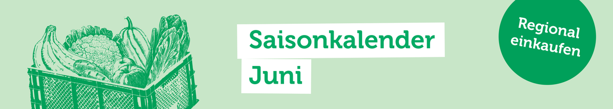 KI generiert: Eine Kiste mit Gemüse, Text: "Saisonkalender Juni – Regional einkaufen".