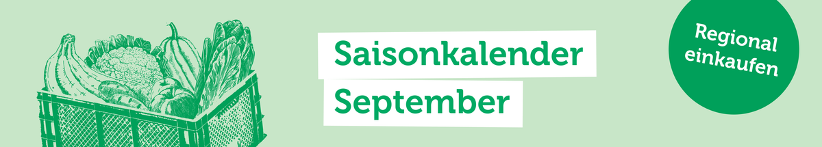 KI generiert: Saisonkalender für September mit Gemüse in einer Kiste. Text: "Saisonkalender September", "Regional einkaufen".