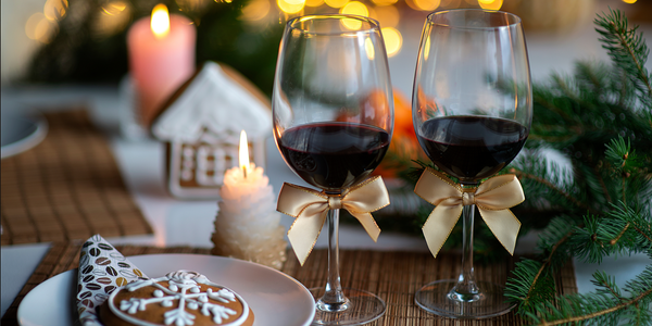 KI generiert: Weihnachtlich gedeckter Tisch mit zwei Weingläsern, Lebkuchen und Kerze.