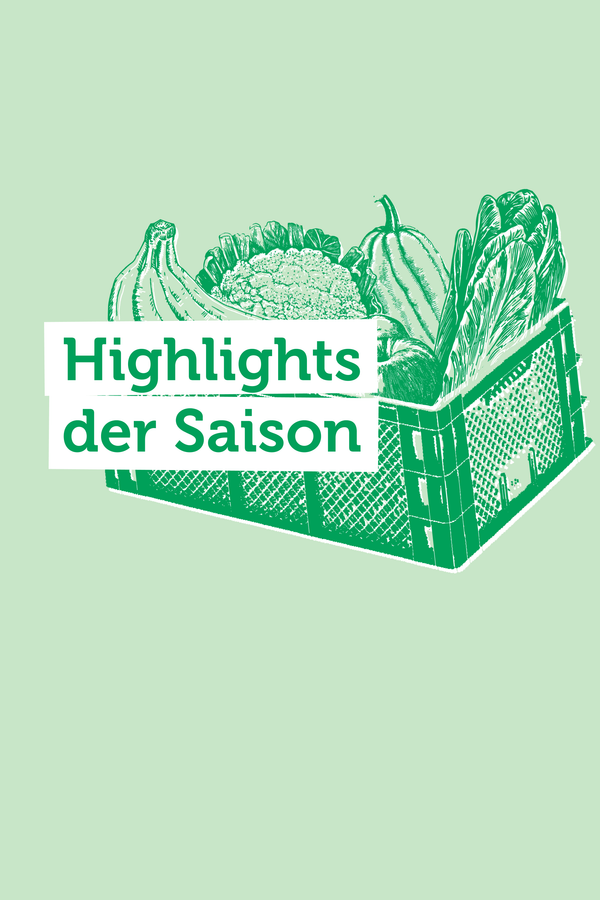 Gemüse in einer Kiste, Text: "Highlights der Saison".