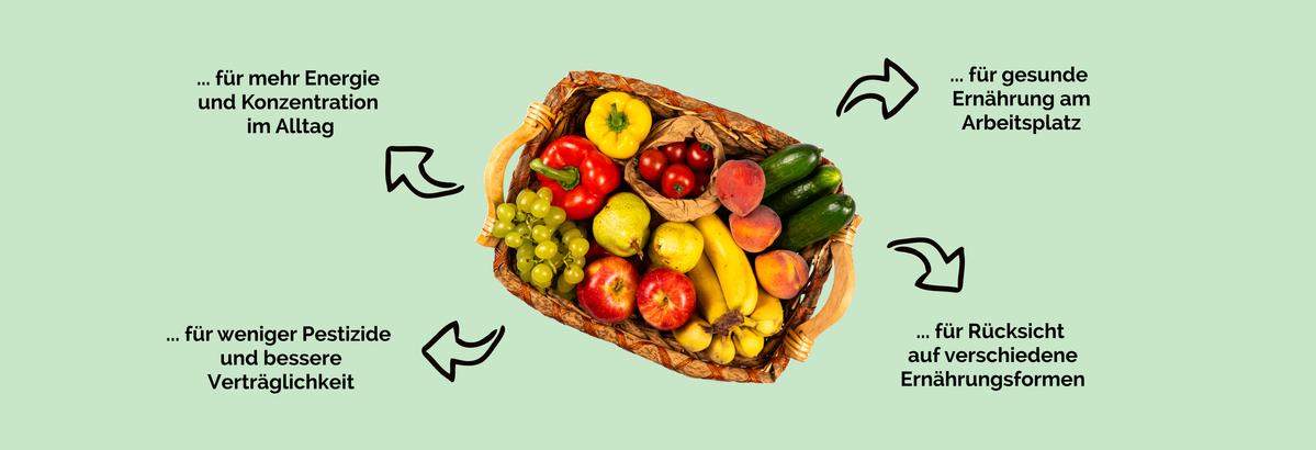 KI generiert: Ein Korb mit Obst und Gemüse; Text: "... für mehr Energie und Konzentration im Alltag ... für gesunde Ernährung am Arbeitsplatz ... für weniger Pestizide und bessere Verträglichkeit ... für Rücksicht auf verschiedene Ernährungsformen".