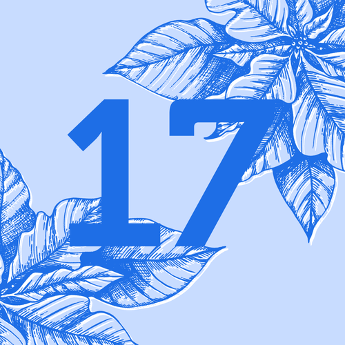 KI generiert: Die Zahl "17" auf einem blauen Hintergrund mit gezeichneten Blättern.