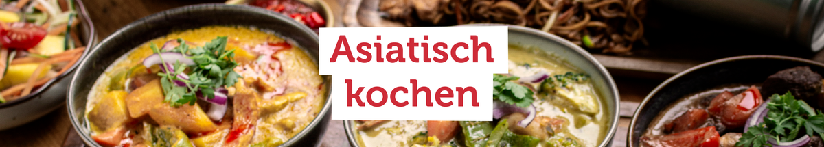KI generiert: Verschiedene asiatische Gerichte in Schalen, Text: "Asiatisch kochen".