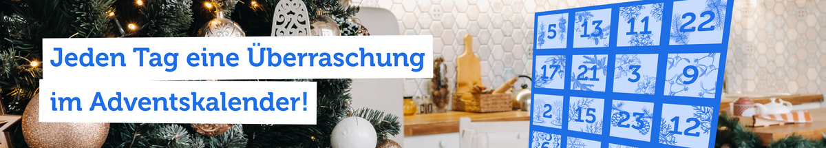 KI generiert: Ein Weihnachtsbaum mit Adventskalender; Text: "Jeden Tag eine Überraschung im Adventskalender!"