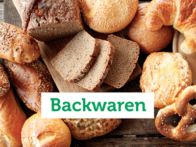 Verschiedene Backwaren wie Brot, Brötchen und Brezeln. Text: "Backwaren".