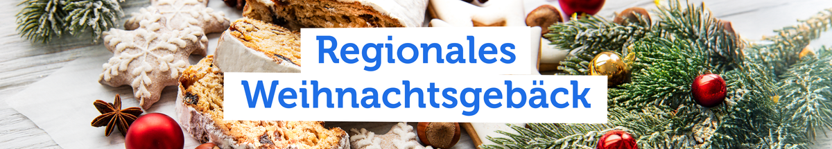 KI generiert: Weihnachtsgebäck mit Nüssen und Zweigen; Text: "Regionales Weihnachtsgebäck"