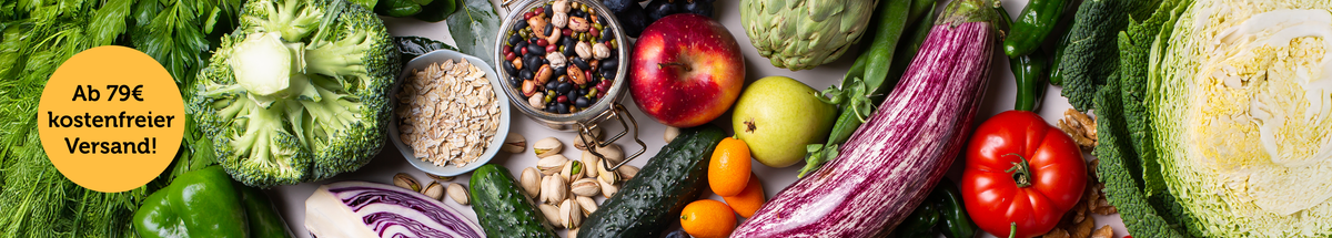 KI generiert: Verschiedene frische Gemüse und Obst. Text: "Ab 79€ kostenfreier Versand!"