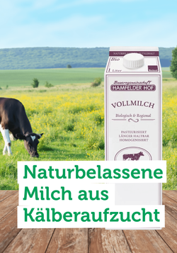 Produktfoto zu Milch von Hamfelder Hof in Norddeutschland stammt aus kuhgebundener Kälberaufzucht und wird naturbelassen verarbeitet.