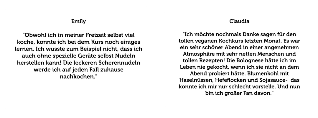 KI generiert: Zwei Aussagen von Emily und Claudia über ihre positiven Erfahrungen mit einem Kochkurs.