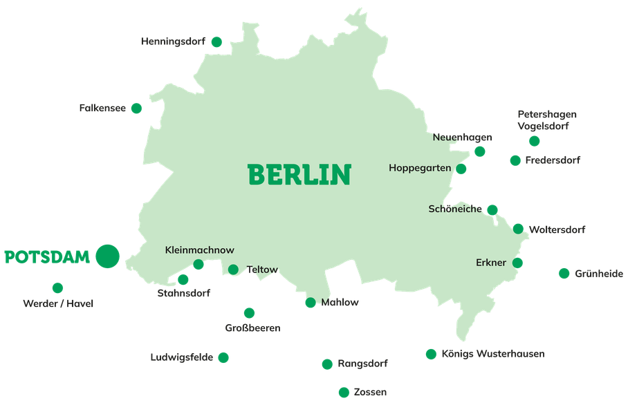 KI generiert: Karte von Berlin und Umgebung mit Städtenamen.