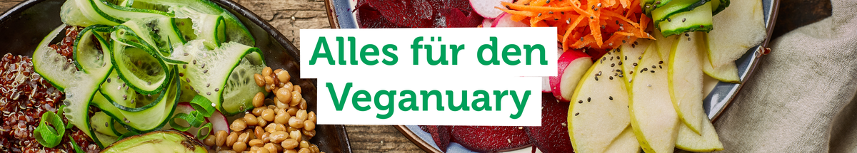 KI generiert: Zwei Schalen mit frischem Gemüse und Obst. Text: "Alles für den Veganuary".