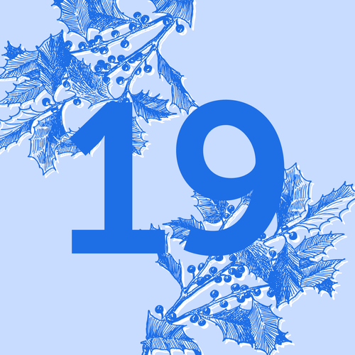 KI generiert: Zahl "19" mit Stechpalmenmuster auf hellblauem Hintergrund.