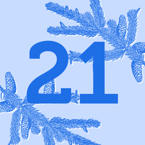 KI generiert: Eine blaue Zahl "21" mit Kiefernzweigen auf hellem Hintergrund.