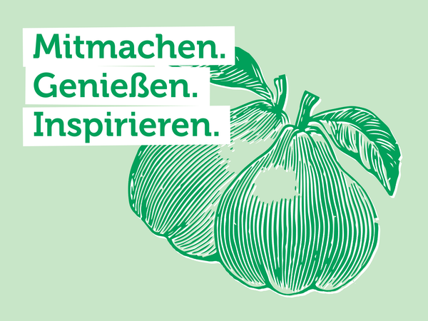 Illustration von Birnen mit dem Text: "Mitmachen. Genießen. Inspirieren."