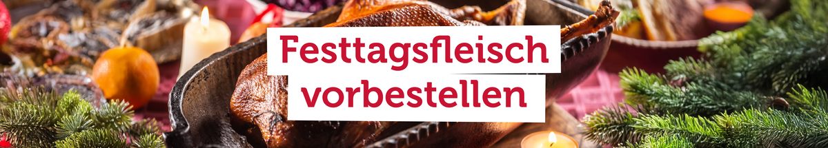 KI generiert: Ein festliches Arrangement mit Fleisch und Text: „Festtagsfleisch vorbestellen“.