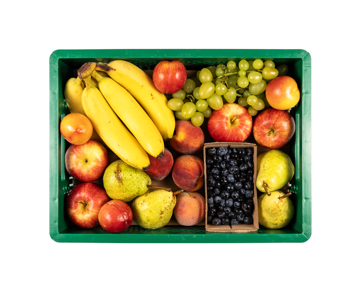 Vogelperspektive auf eine grüne Plastikkiste voller Obst wie Bananen, Äpfel, Birnen, Trauben und Blaubeeren