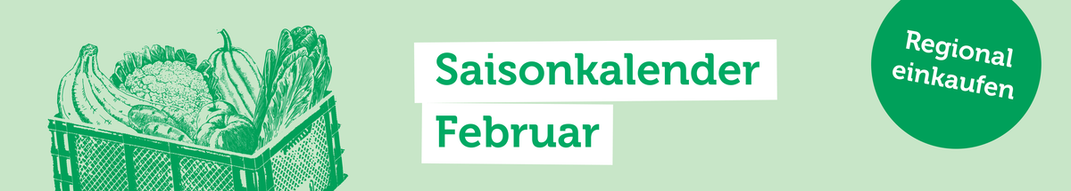KI generiert: Illustration eines Gemüsekasten mit Text: "Saisonkalender Februar - Regional einkaufen".