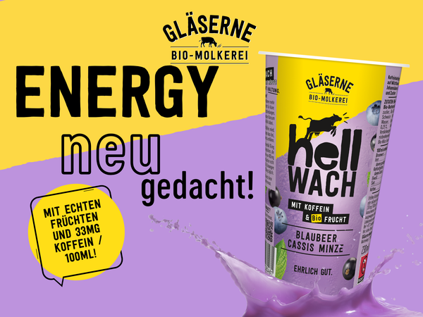 KI generiert: Ein Energy-Drink mit Koffein und Bio-Früchten in der Geschmacksrichtung Blaubeer-Cassis-Minz von Gläserne Bio-Molkerei.