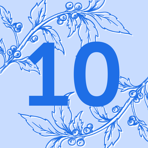 KI generiert: Die Zahl "10" auf einem blauen Hintergrund mit floralem Muster.