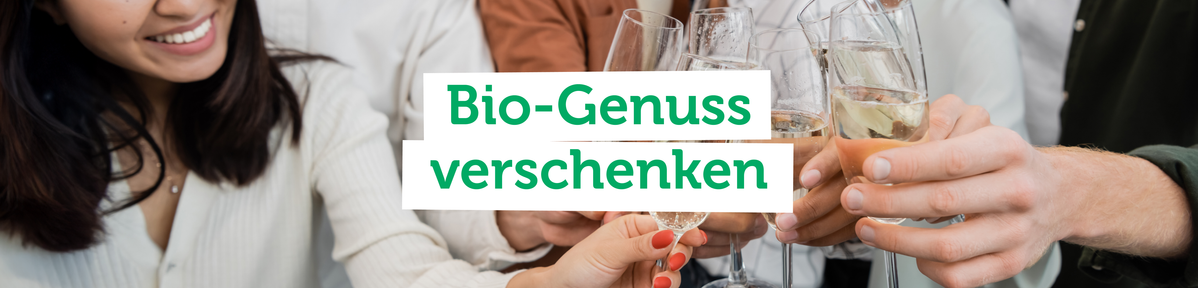 KI generiert: Menschen stoßen mit Sektgläsern an. Text: "Bio-Genuss verschenken".