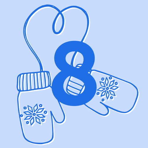 KI generiert: Blau-weiße Fäustlinge mit Schneeflockenmotiv und der Nummer 8.