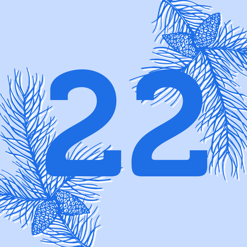 KI generiert: Zahl "22" mit Tannenzweigen und Zapfen als Dekor auf blauem Hintergrund.